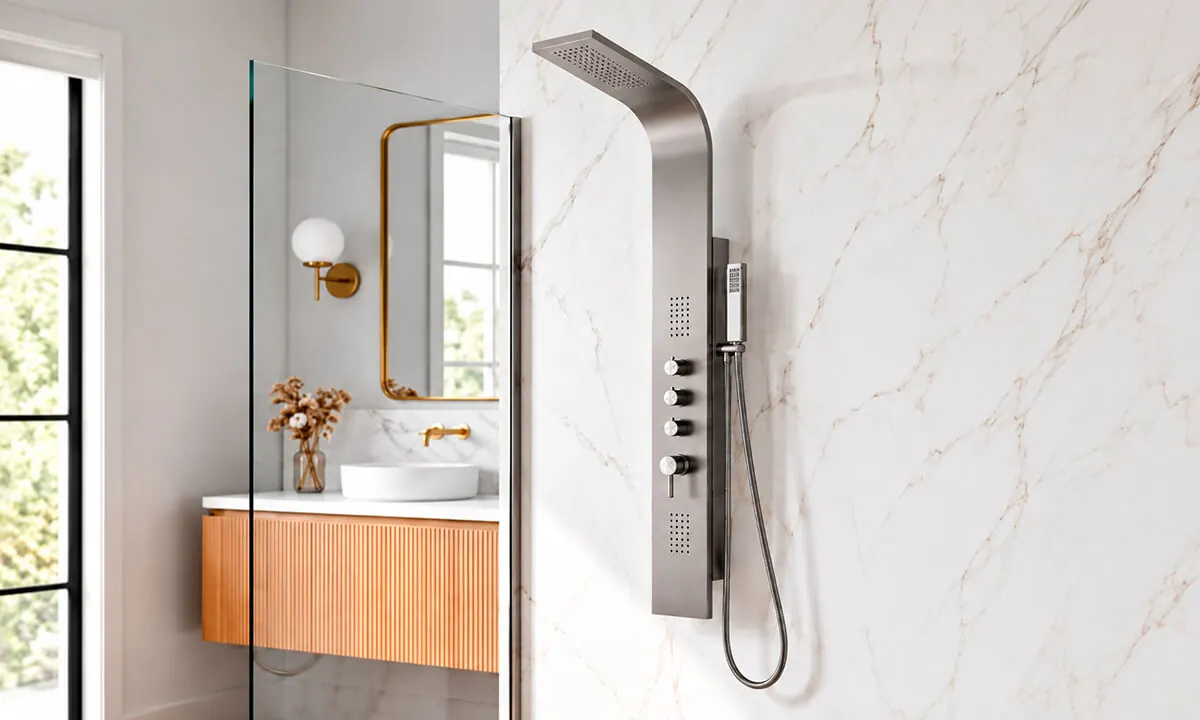 Brushed stainless steel shower panel with rain head, body jets and handheld shower on a marble-look shower wall