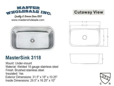 MasterSink SS-3118 Undermount Stainless Steel Sink 31.5