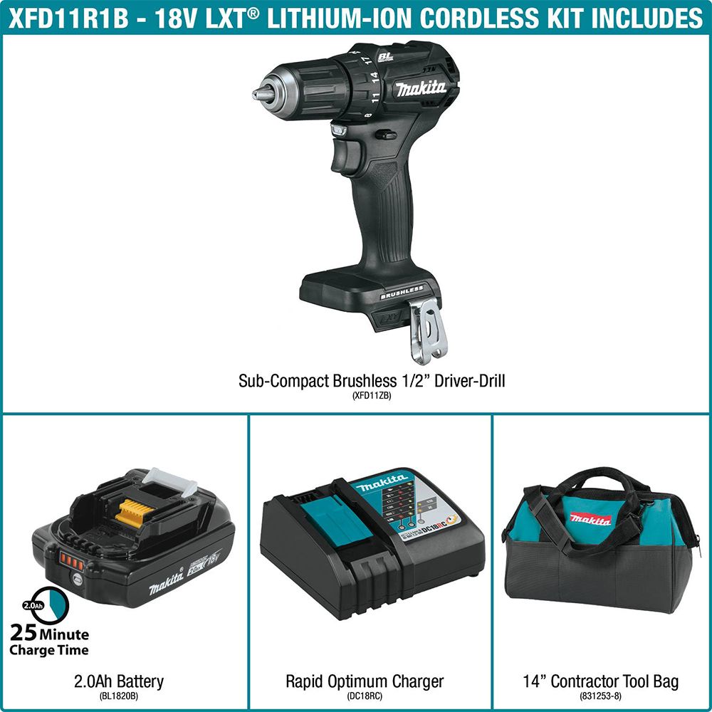 Makita XFD11R1B 18V LXT Lithium‑Ion Sub‑Compact Brushless Cordless 1/2